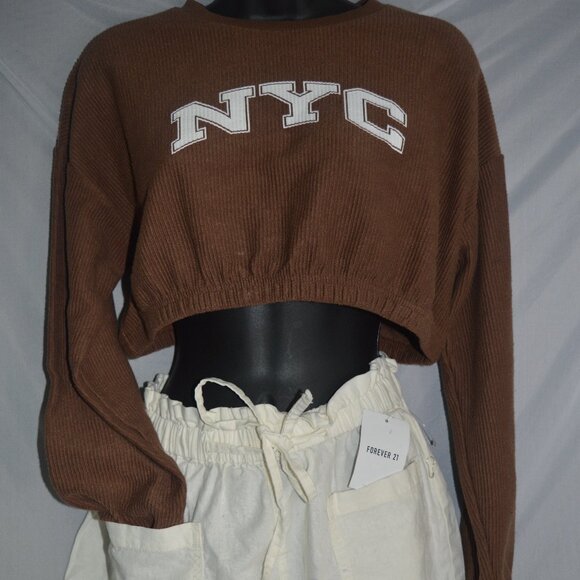Forever 21 NYC brown crop top long sleeve and white shorts women size small - Picture 1 of 7